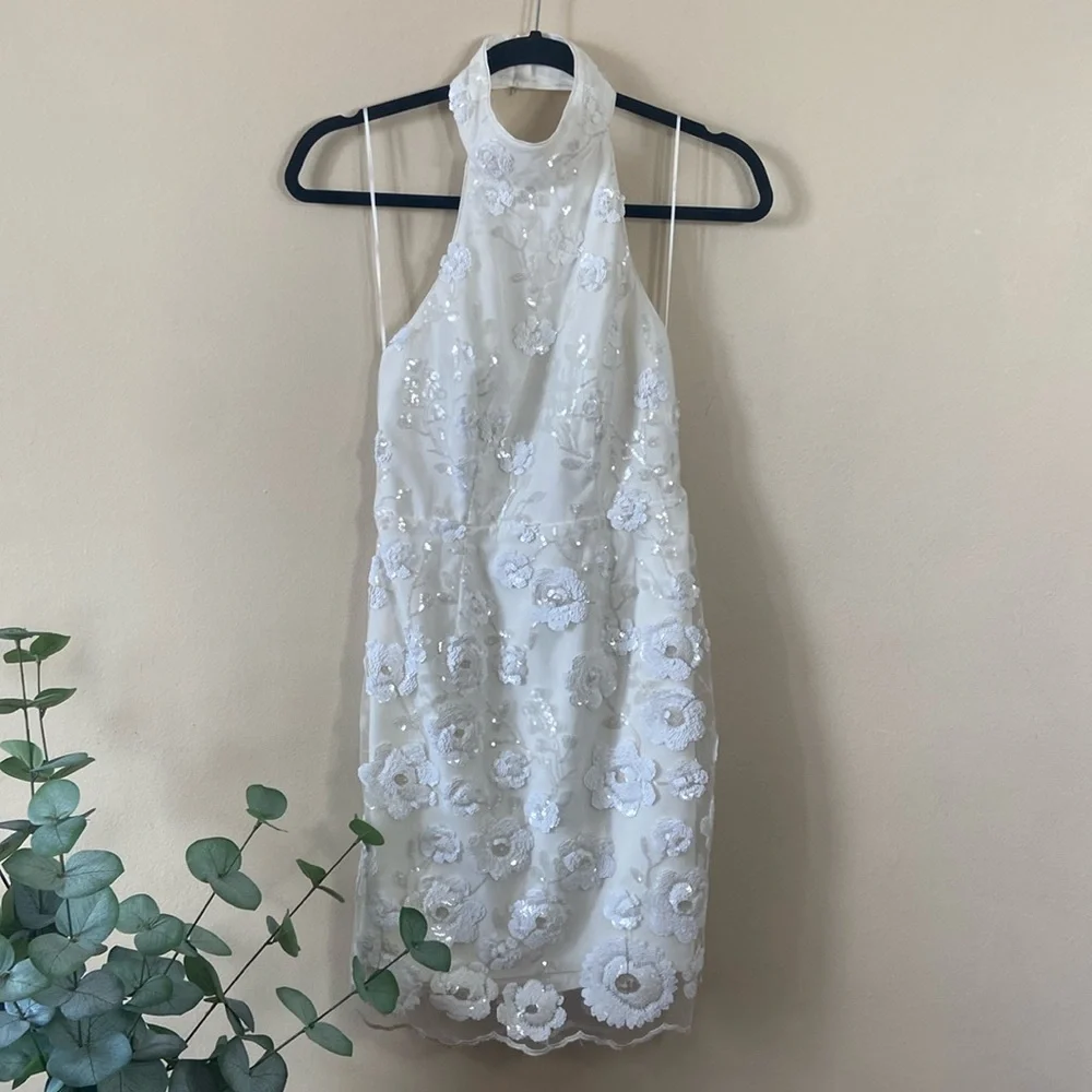 New Milly White Sequin Harriet Flora Floral Halter Top Mini Dress Sparkly Small - Picture 2 of 11